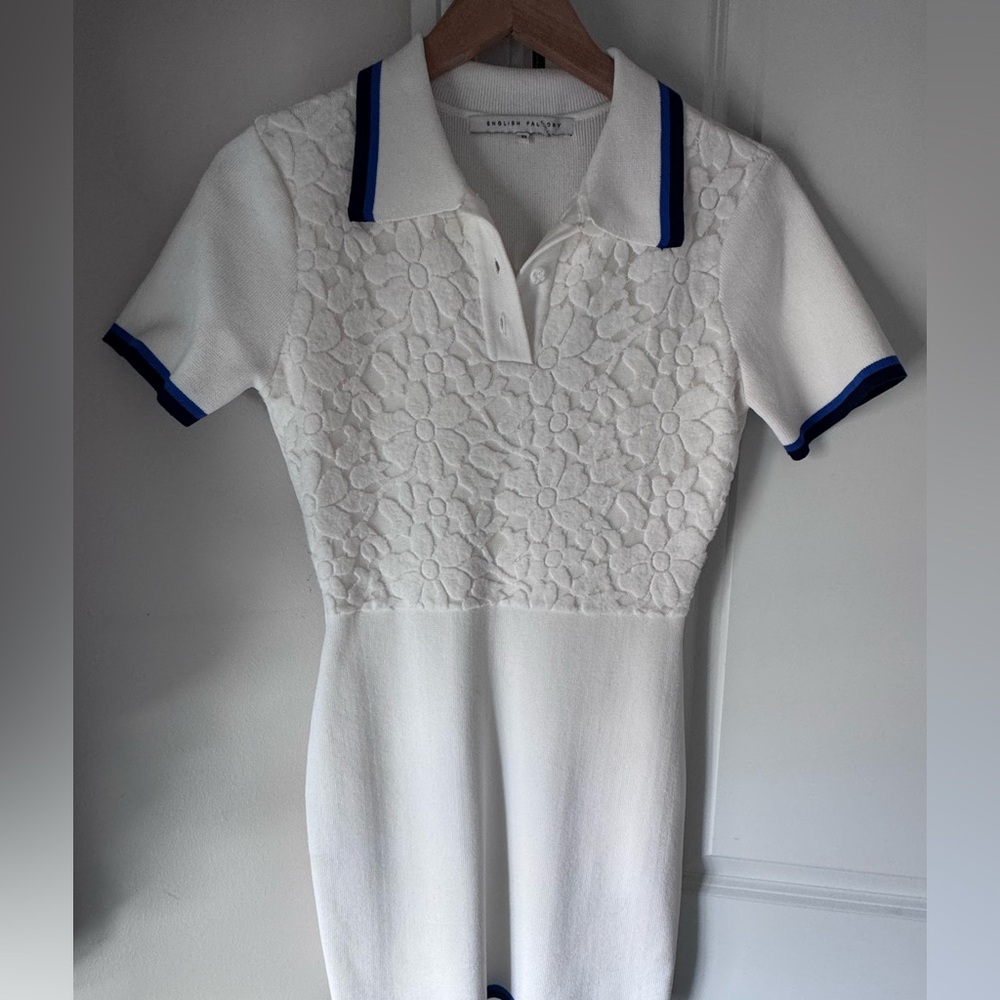 English Factory White Textured Dress with Blue Accents